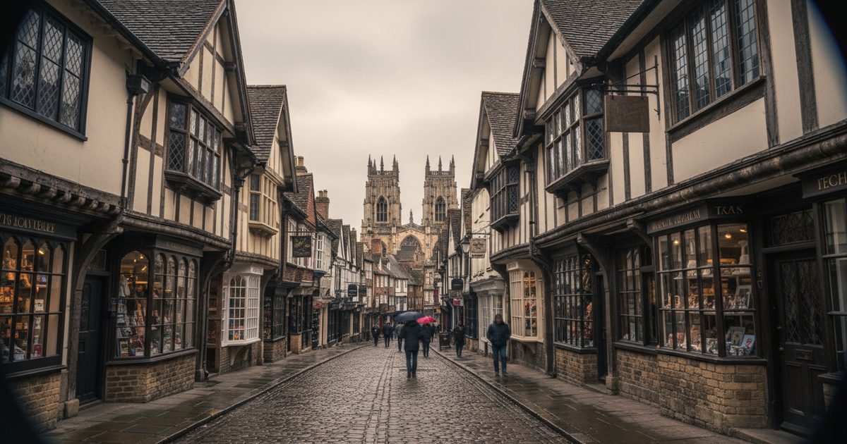 York Stonegate with Minster towers