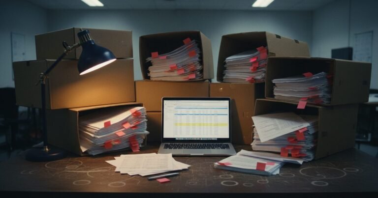 Fraud investigation desk with company accounts and financial records