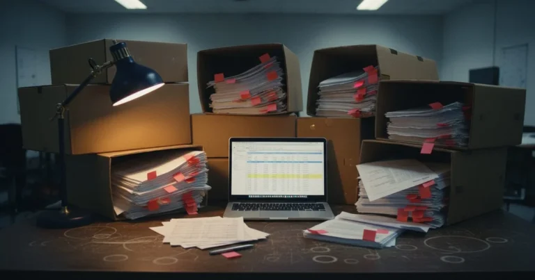 Fraud investigation desk with company accounts and financial records