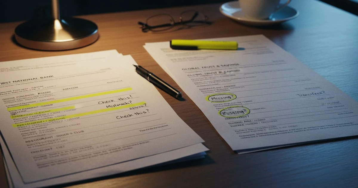 Bank statements with highlighted transactions for hidden asset investigation